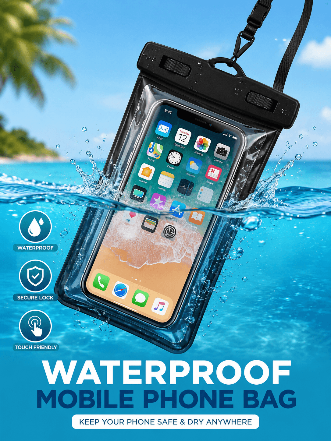 Universal Waterproof Plastic Mobile Cover for Rain | Transparent Touch-Friendly Waterproof Phone Pouch with Lanyard | Fits All Smartphones